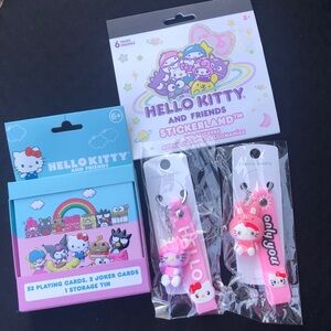Hello Kitty and Friends Stickerland and Playing Cards in Tin and 2 keychains